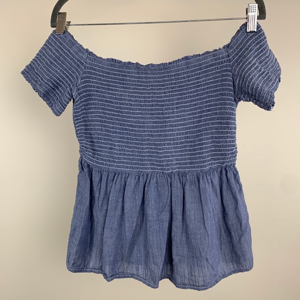 Off the Shoulder Denim Peplum Ruched Elastic Top